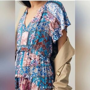 Anthropologie Robin Tiered Mini Dress Floral patchwork Dress 2x mauve